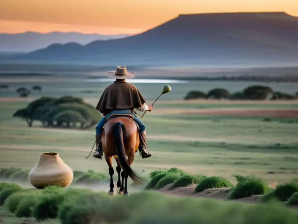 Gaucho uruguayo en Tacuarembó, sostiene mate simbolizando la tradición gaucha, mientras cabalga al atardecer bajo un cielo estrellado