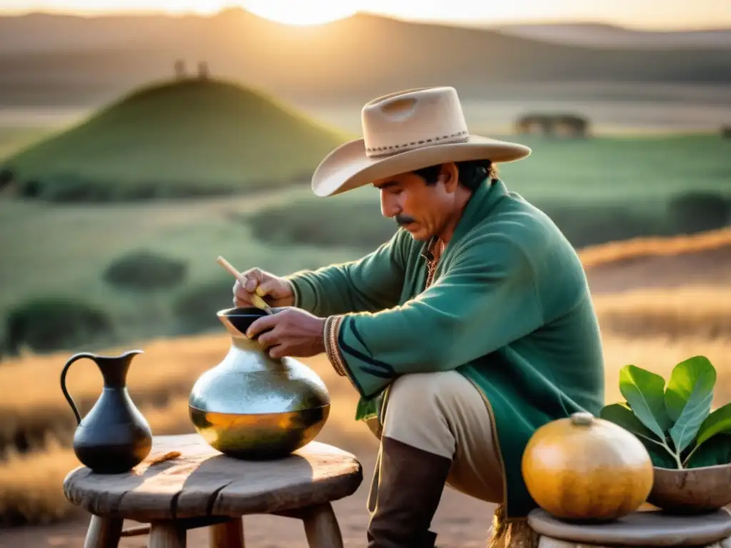 Gaucho uruguayo en plena historia del mate uruguayo, preparándolo al amanecer bajo un cielo dorado y suave