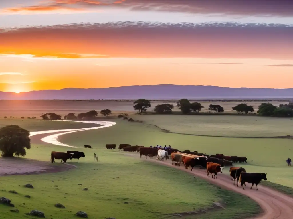 Gaucho uruguayo guiando ganado en puesta de sol, reflejando el desarrollo rural sostenible en Uruguay, con molinos de viento en colinas y un tranquilo pueblo