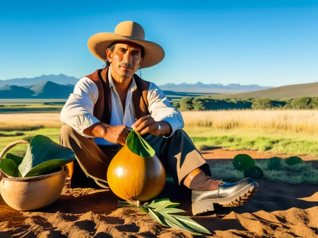 Gaucho uruguayo en traje típico honra el legado cultural indígena en su vida diaria en Uruguay, disfrutando mate en las Pampas