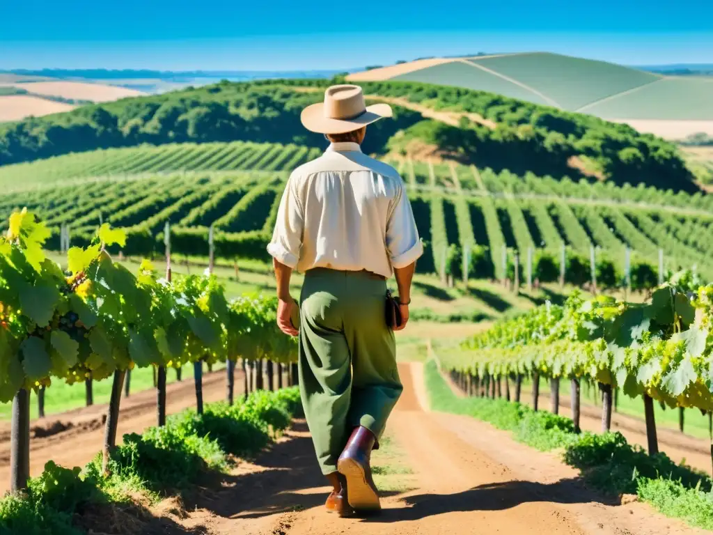 Gaucho uruguayo cuidando viñedos verdes bajo un cielo azul, enalteciendo la tradición vitivinícola en Uruguay