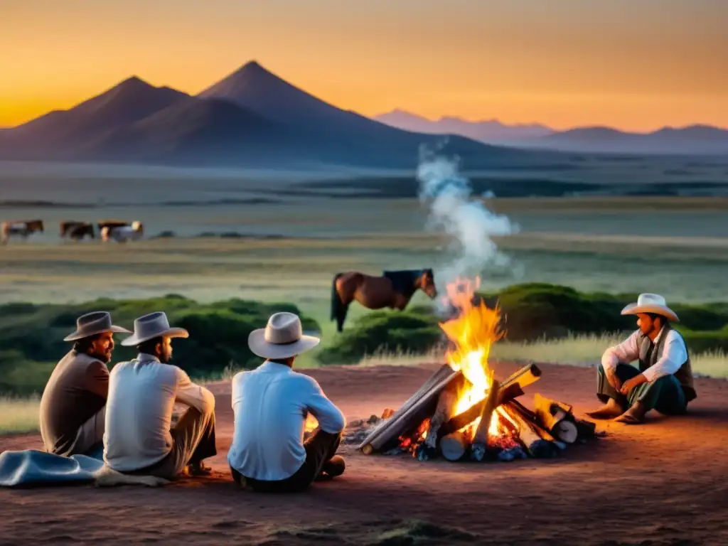 Gauchos preparando un asado al atardecer bajo los majestuosos picos de Cerro Largo, celebrando las ricas tradiciones rurales de Uruguay