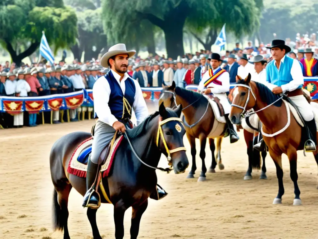 Gauchos en atuendos tradicionales llenan de color la vibrante Fiesta de la Patria Gaucha en Uruguay, en un paisaje lleno de emoción y asombro