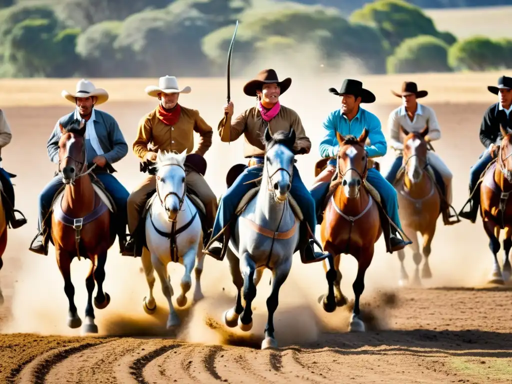 Gauchos en sus atuendos tradicionales viviendo las tradiciones rurales uruguayas fiesta patria gaucha, animando un rodeo bajo un atardecer dramático