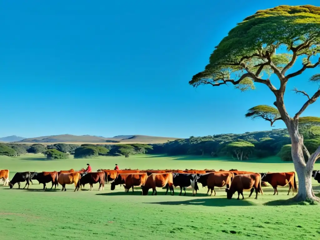 Gauchos auténticos guiando ganado Hereford en una estancia uruguaya, con turistas disfrutando del mate y la equitación, capturando la esencia del turismo de estancias en Uruguay