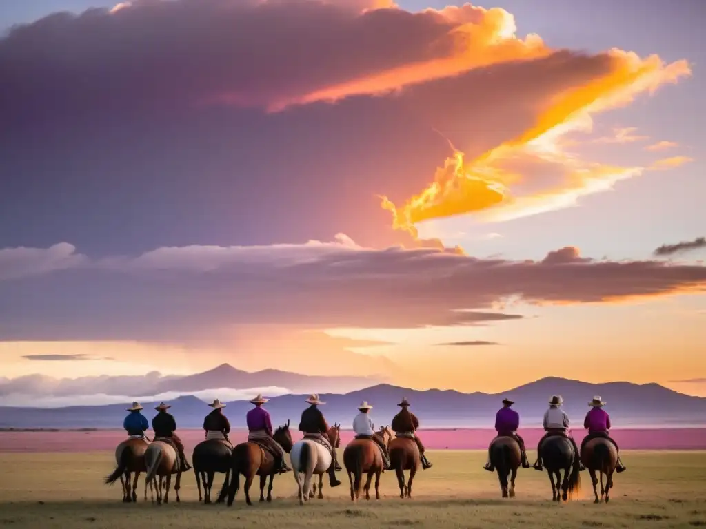 Gauchos en cabalgatas en la pampa uruguaya al atardecer, guiando el ganado con la estancia antigua y ñandúes al fondo