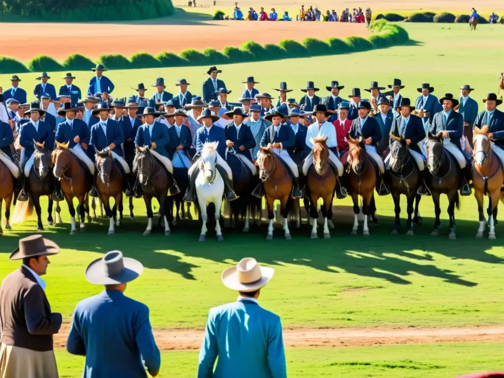 Gauchos montando caballos criollos en la Fiesta Patria Gaucha, evocando las tradiciones rurales uruguayas bajo un cielo ardiente