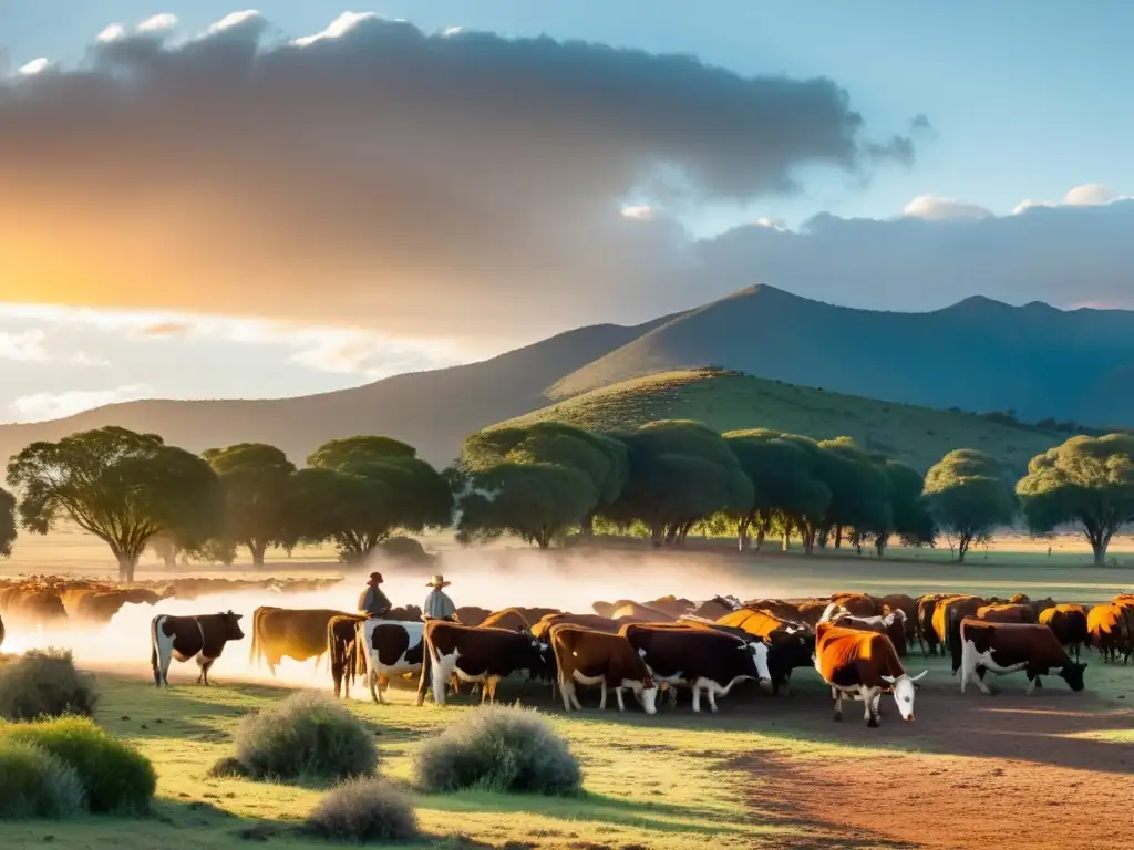 Gauchos en una estancia uruguaya al atardecer, corralando ganado, enmarcando la belleza del turismo rural de Uruguay