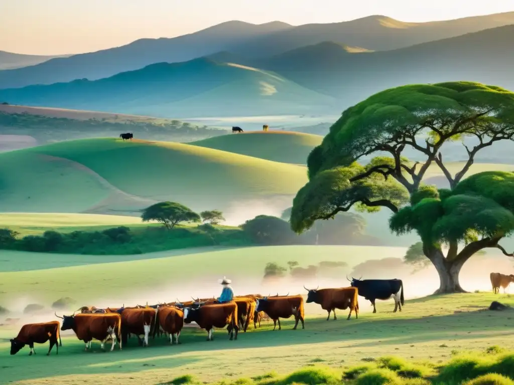 Gauchos en la tradición uruguaya de Tacuarembó, manejando el ganado al atardecer, un momento de belleza pastoral