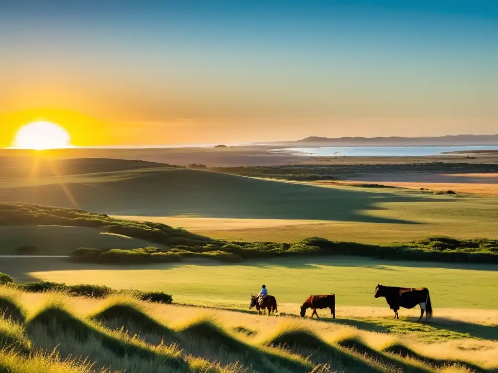 Gauchos cuidando ganado en las cálidas Pampas uruguayas bajo el sol de verano, preludio de las tradiciones y festivales uruguayos clima