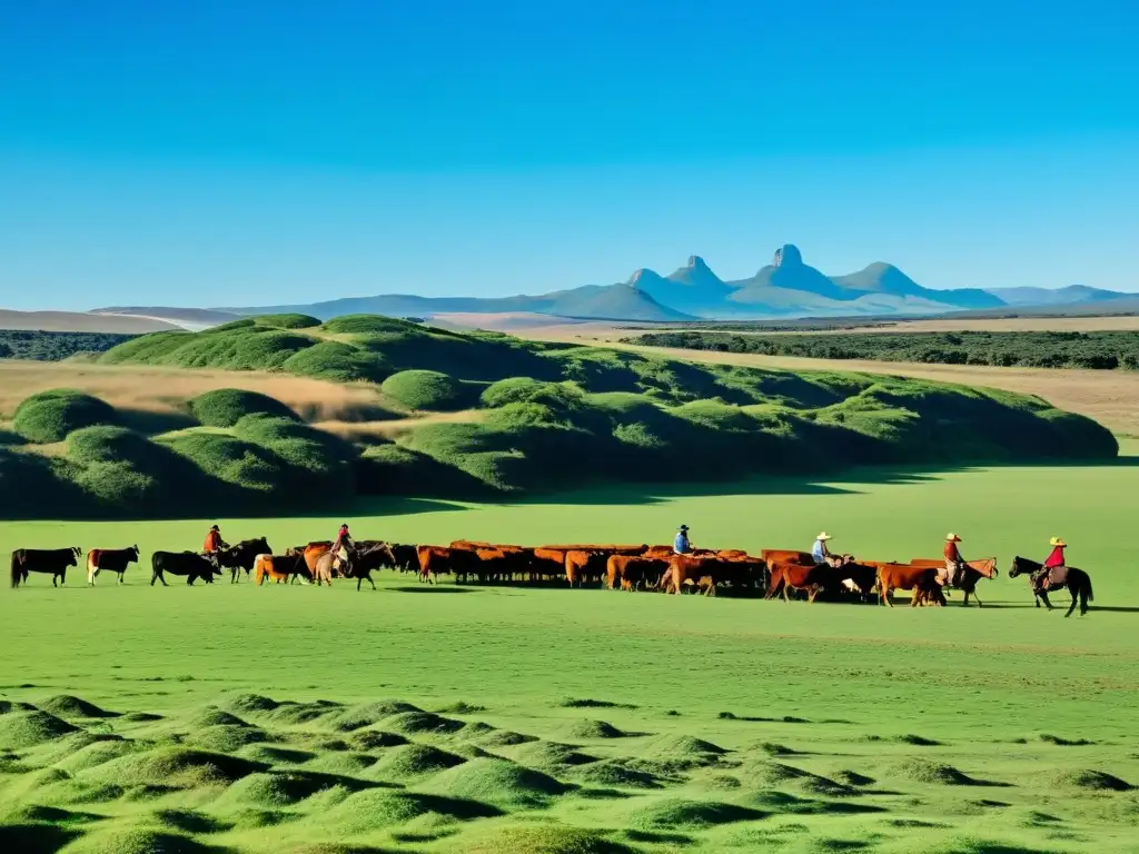 Gauchos en Tacuarembó, Uruguay, manteniendo viva la tradición gaucha uruguaya, pastoreando ganado Criollo bajo un cielo azul