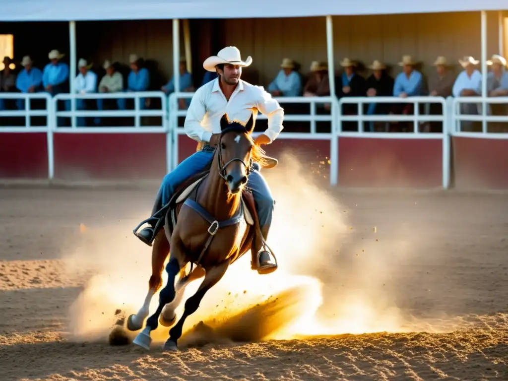 Gauchos demostrando habilidades ecuestres en la Semana Criolla en Uruguay celebración tradicional bajo la puesta de sol