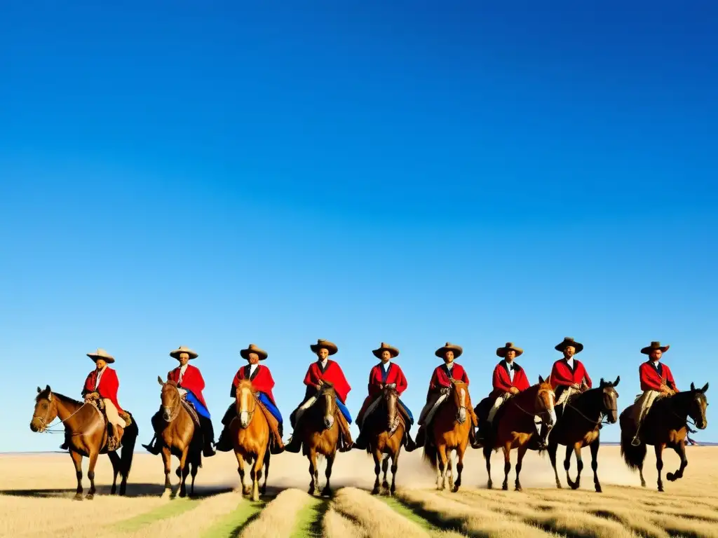 Gauchos montados en caballos Criollo bajo el sol del vasto pampas uruguayo, celebrando con orgullo las tradiciones rurales uruguayas en la Fiesta Patria Gaucha