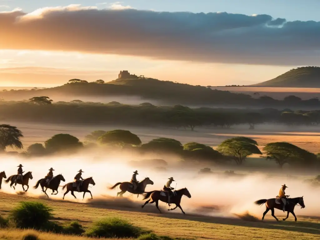 Gauchos tradicionales guiando caballos criollos al atardecer dorado, en una cabalgata extrema por la campiña uruguaya