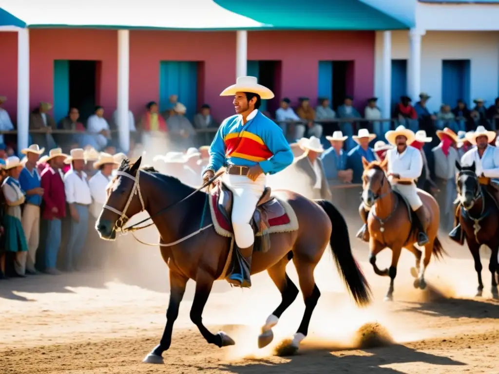 Gauchos tradicionales cabalgando durante la vibrante Fiesta de la Patria Gaucha Uruguay, en una escena llena de color y alegría