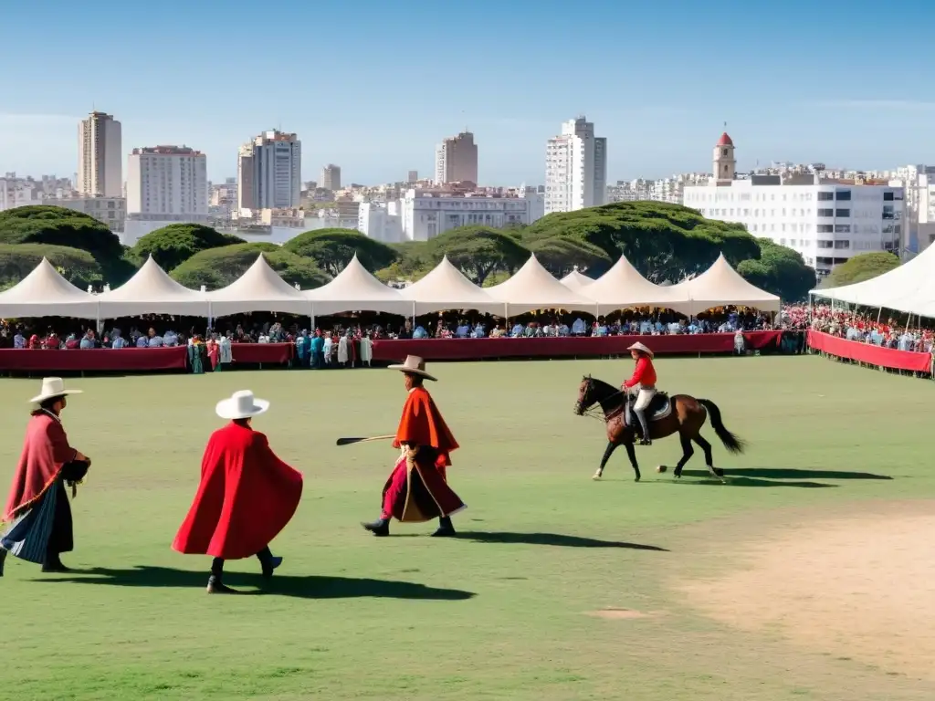 Gauchos en trajes tradicionales participan en un juego de pato en el festival Semana Criolla, lleno de vida y color, en Montevideo