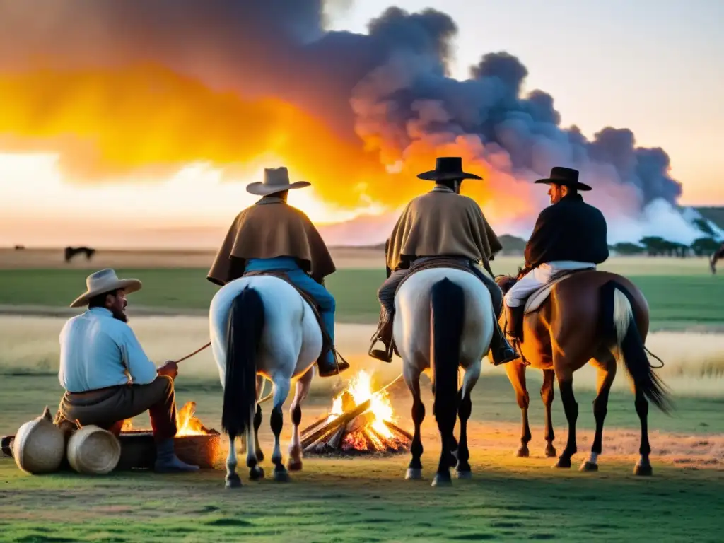 Gauchos uruguayos alrededor de una fogata al atardecer, compartiendo leyendas uruguayas, mitos y tradiciones en la pampa