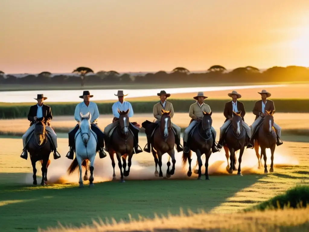 Gauchos uruguayos cabalgando en la pampa al atardecer, guiando su ganado bajo el cielo dorado