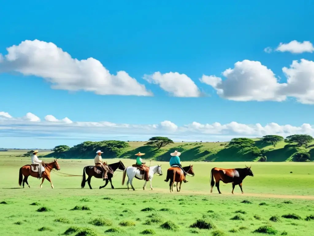 Gauchos guiando vacas, una familia disfrutando de un picnic y niños jugando, enmarcados por la encantadora campiña uruguaya