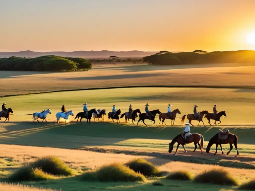 Gauchos en Uruguay manteniendo vivas las tradiciones gauchescas, cuidando caballos a la luz dorada del atardecer en las Pampas