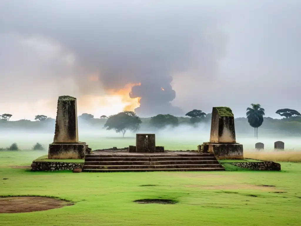 General Fructuoso Rivera contempla firmemente el campo de batalla de la Guerra Grande en Uruguay, envuelto en una niebla inquietante