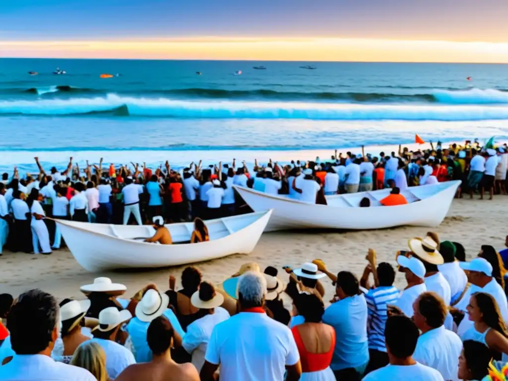 Gente en blanco celebra con alegría y respeto la Fiesta de Iemanjá en Uruguay, entre barcos de ofrendas, danzas y un atardecer mágico