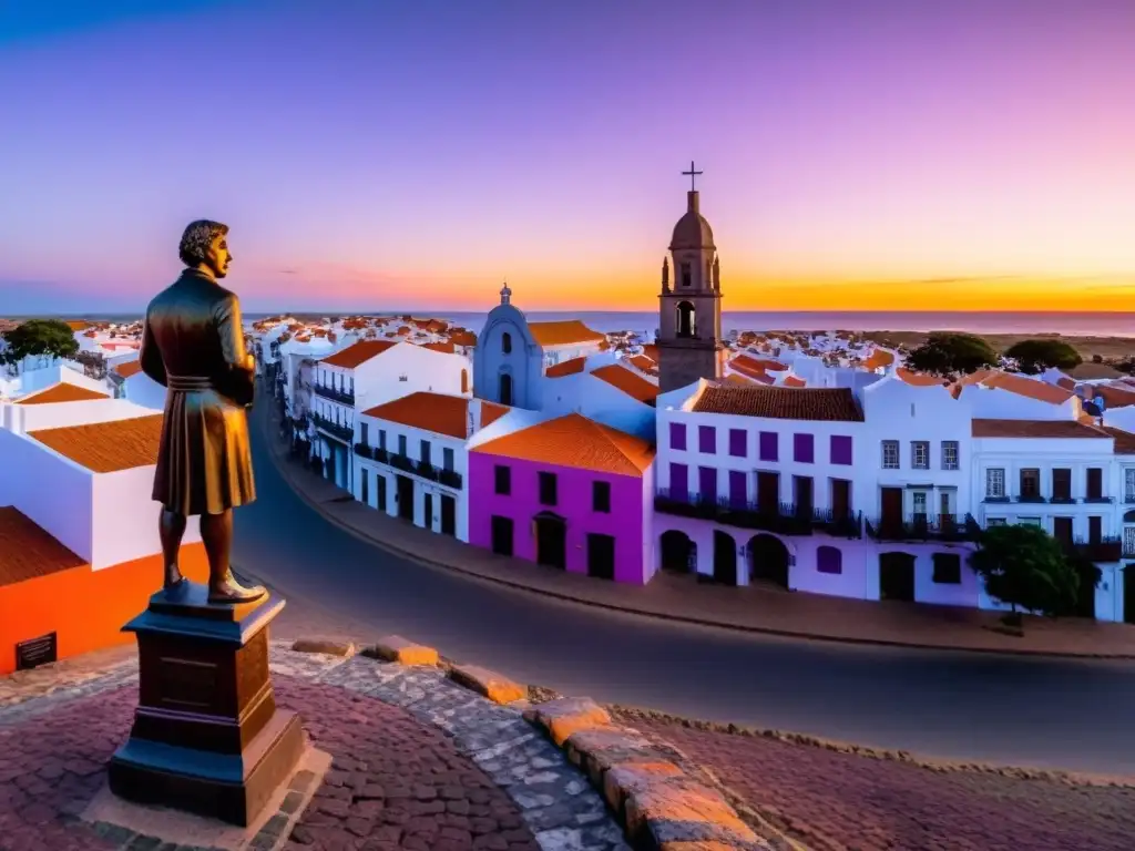 José Gervasio Artigas, silueteado contra un atardecer vibrante en Artigas, Uruguay, revelando la vida oculta en la placa detallada a su lado