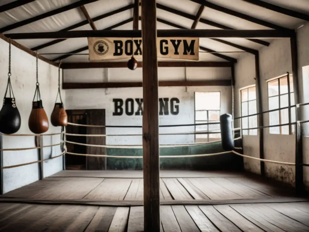 Gimnasio de boxeo vintage en Uruguay, vibrando con la historia y leyendas del boxeo uruguayo, iluminado con sombras dramáticas