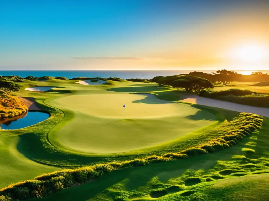 Un golfista en acción en los desafiantes campos de golf en Uruguay, bajo el cálido atardecer dorado de Montevideo