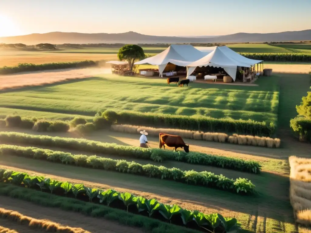 Amanecer en una granja uruguaya, un gaucho cuida su ganado mientras los chefs preparan los Eventos Gastronómicos: Agricultura Uruguaya