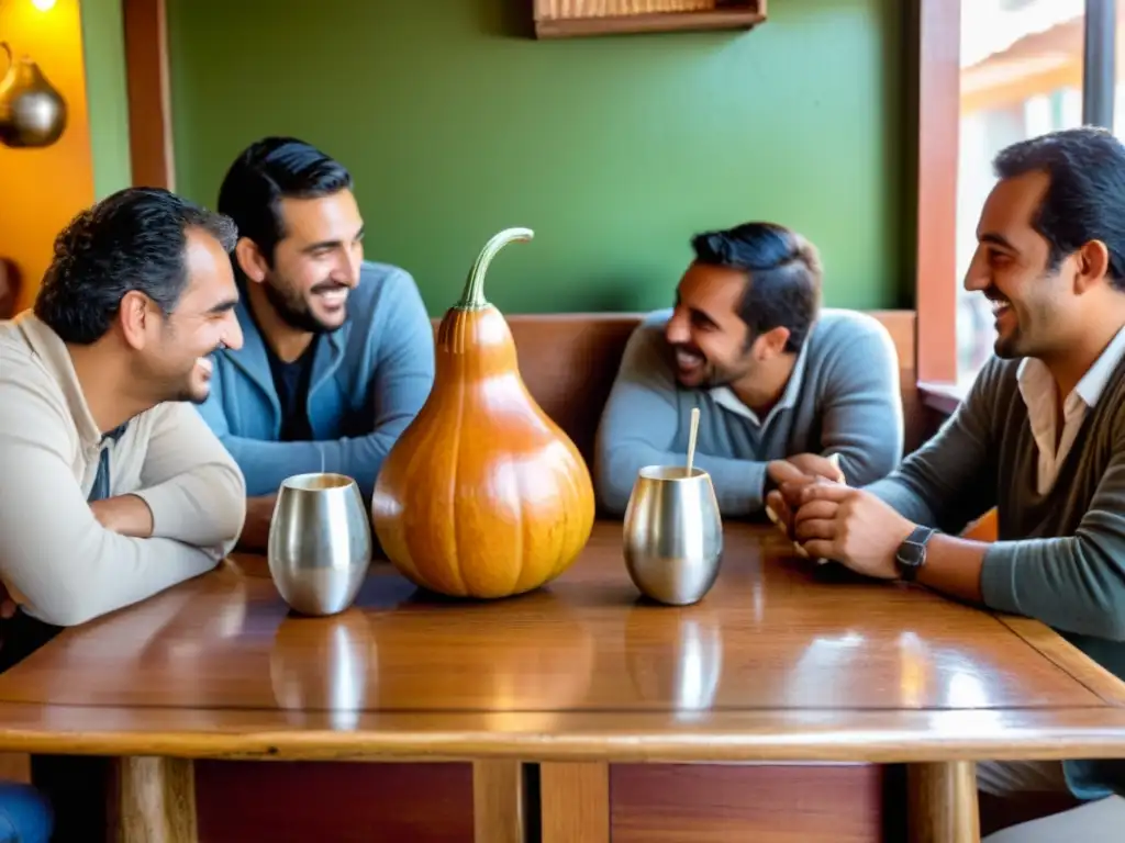 Grupo de amigos disfrutando la cultura del mate en Uruguay en un cálido café, compartiendo historias alrededor de una antigua calabaza de mate