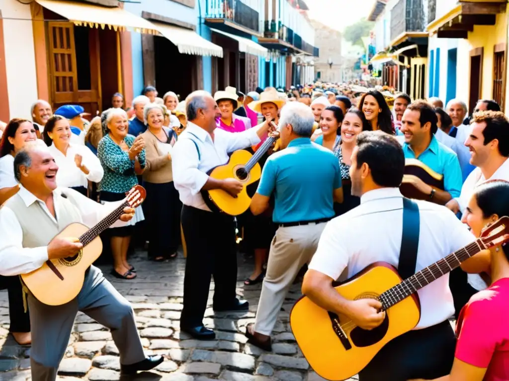 Grupo de apasionados músicos tocando tamboril, bandoneón y guitarra en vibrante festival de música tradicional uruguaya, influencia mundial, bajo el cálido resplandor del atardecer en una calle de Montevideo