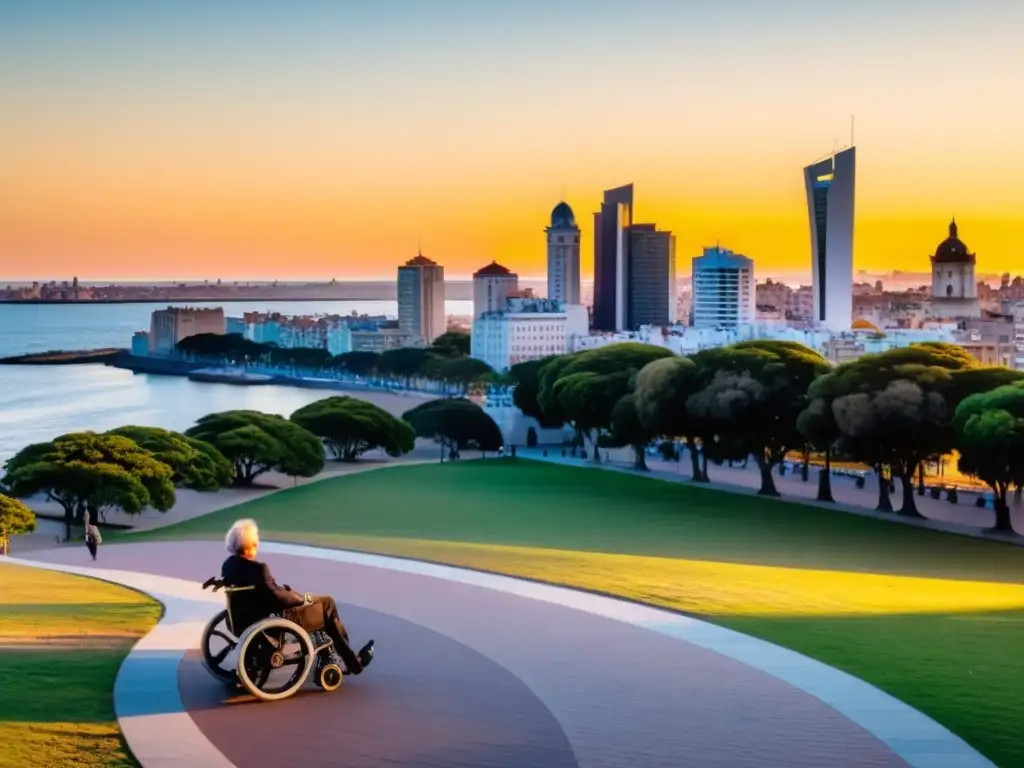 Grupo disfrutando el atardecer dorado en Montevideo, por la 'Guía accesibilidad Uruguay viajeros especiales', simbolizando inclusión