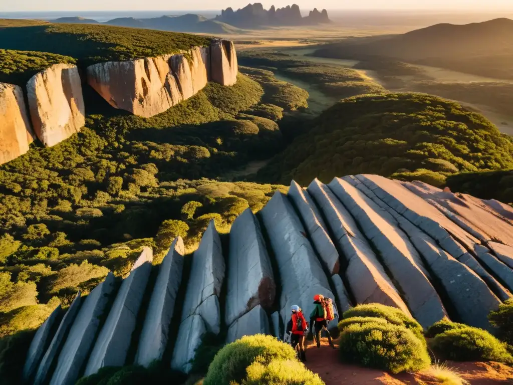 Grupo de audaces escaladores desafiando las mejores rutas de escalada en Uruguay en un atardecer mágico, rodeados de un salvaje y majestuoso paisaje