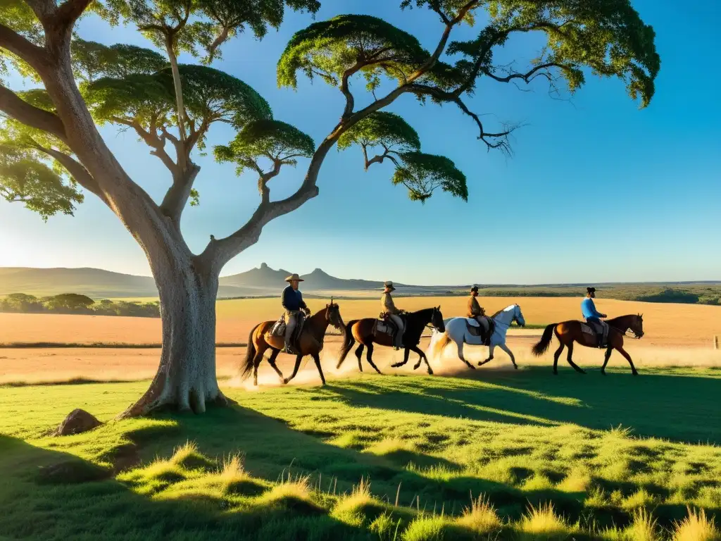 Grupo de audaces jinetes en cabalgatas extremas en la campiña uruguaya, galopando al atardecer bajo un cielo azul intenso