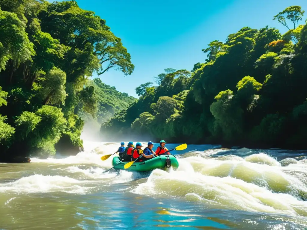 Grupo de aventureros en actividades acuáticas emocionantes en Uruguay, navegando rápidos en un río turquesa y vibrante