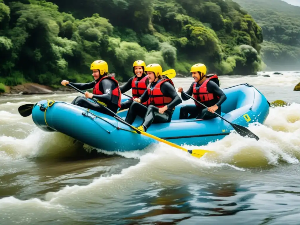 Grupo de aventureros disfrutando de actividades acuáticas emocionantes en Uruguay, enfrentando con valentía las aguas del Río Uruguay