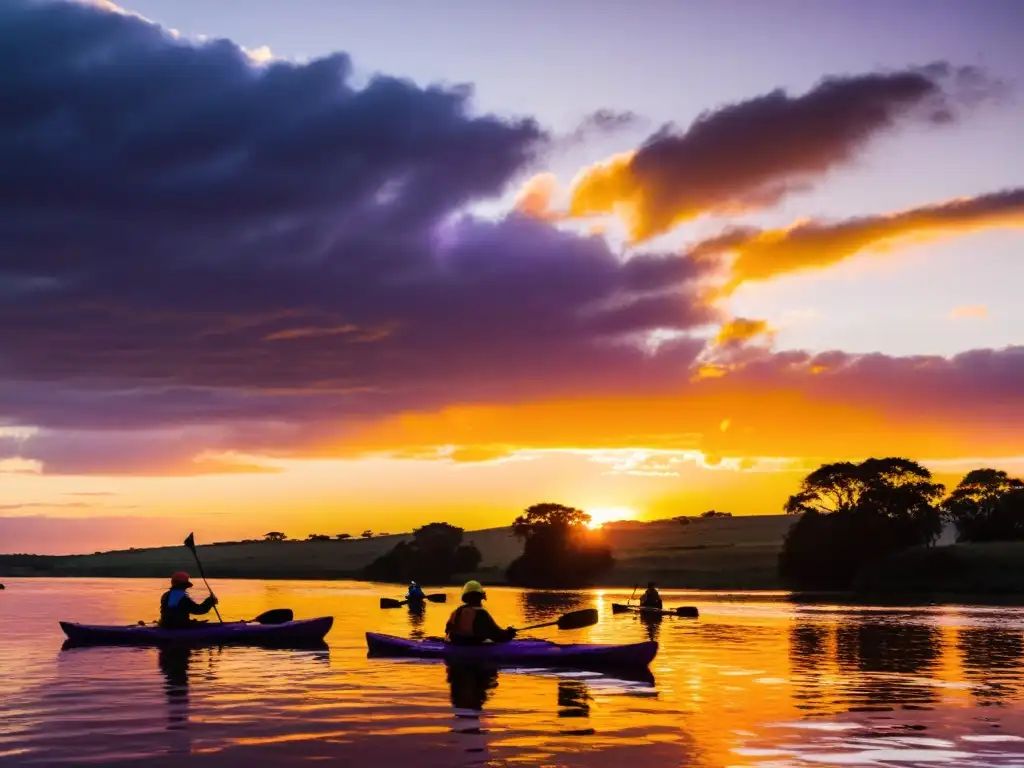 Grupo de aventureros en paseos en kayak por el Río Uruguay al atardecer, reflejando la magia dorada del cielo en las aguas