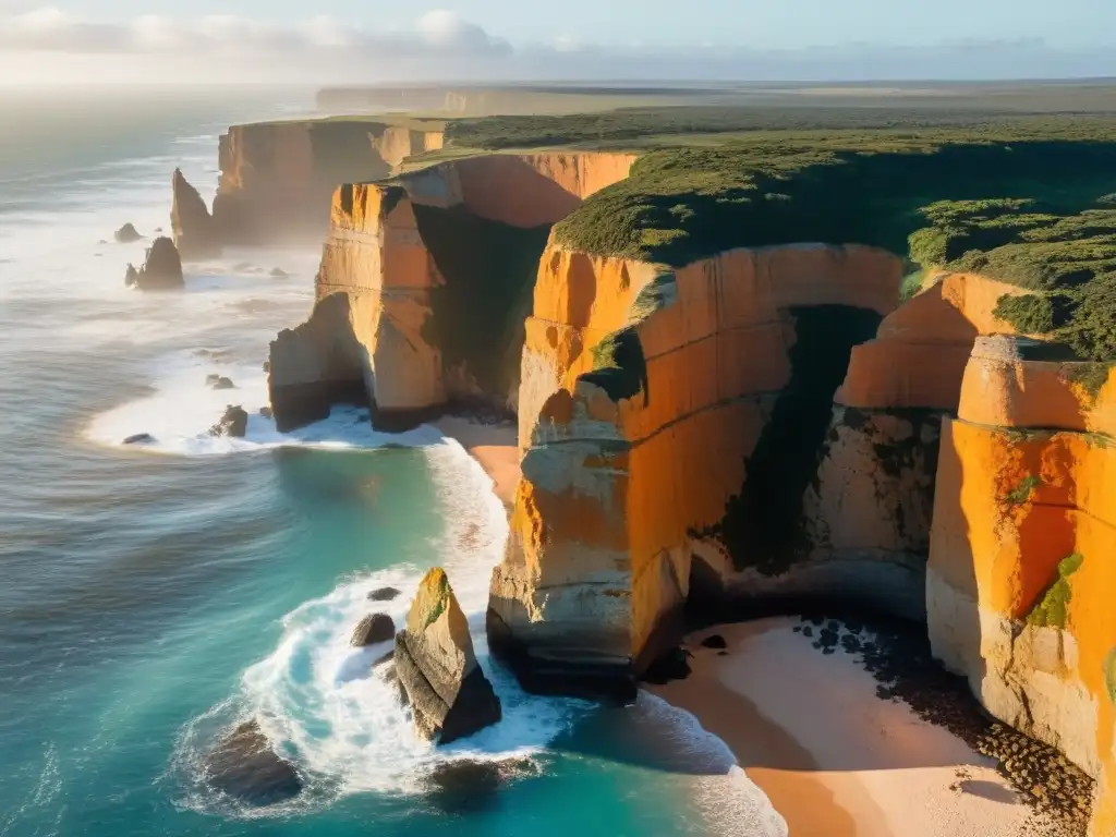 Grupo de aventureros practicando rapel en acantilados de Uruguay al atardecer, con el mar chocando contra las rocas y la vasta naturaleza de fondo