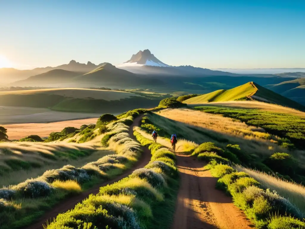 Grupo de aventureros en rutas de senderismo en Uruguay rural, explorando colinas verdes al amanecer, con una majestuosa gama de colores en el cielo