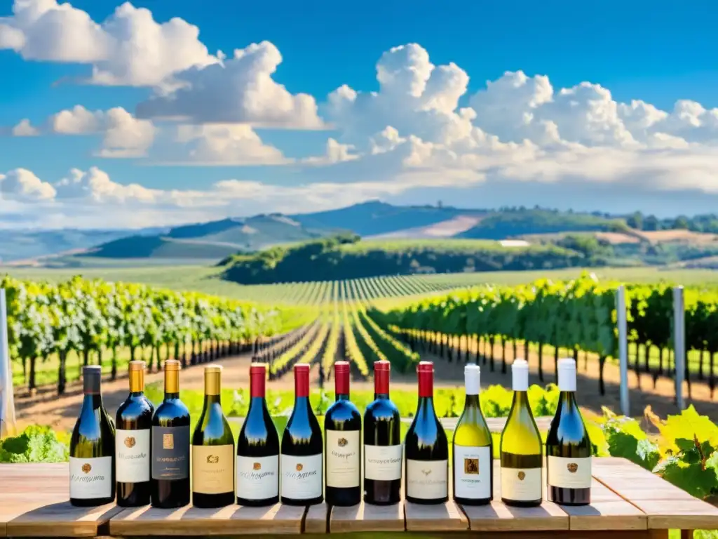 Grupo disfrutando de una cata en la Ruta Vinícola en Uruguay, arte de sabores entre viñedos y botellas bajo un cielo azul dorado