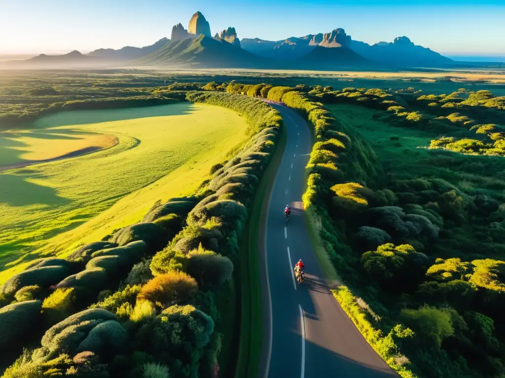 Grupo de ciclistas iniciando un emocionante amanecer en recorridos en bicicleta por Uruguay, atravesando verdes pastizales y montañas lejanas