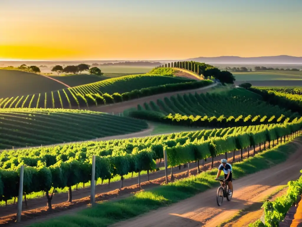 Grupo de ciclistas disfrutando un recorrido en bicicleta por viñedos de Uruguay, bajo el cálido atardecer