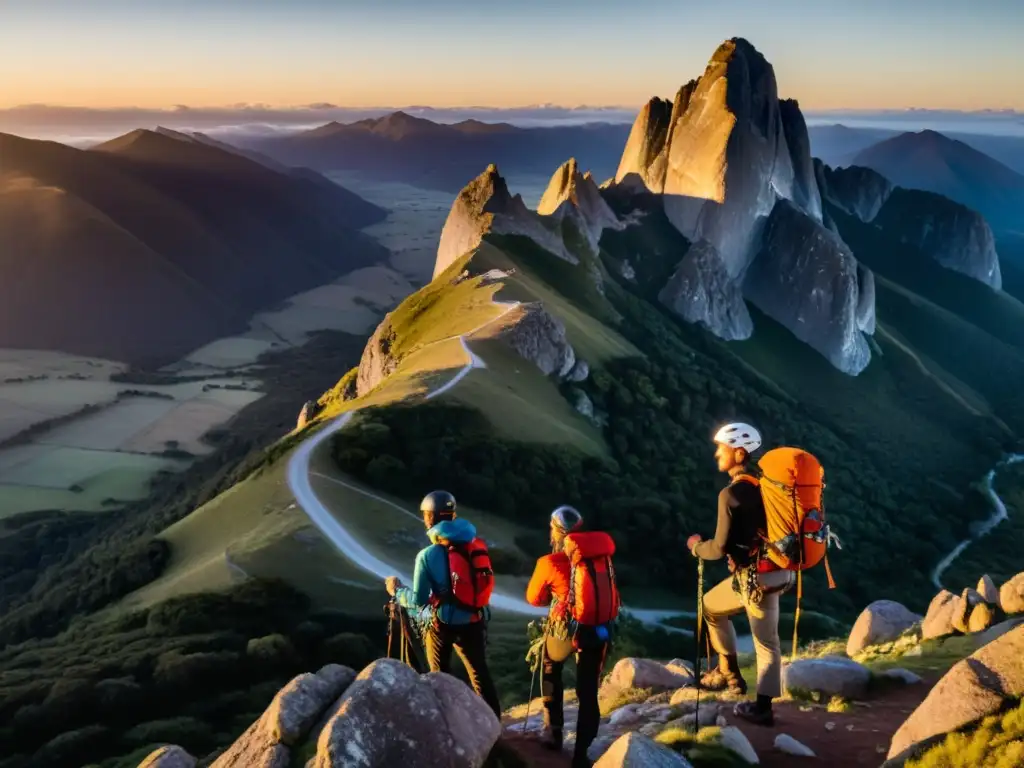 Grupo diverso escalando al atardecer en las mejores rutas de escalada en Uruguay, rodeados de majestuosas montañas y vegetación