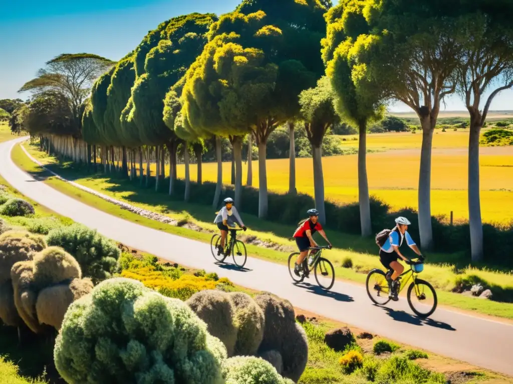 Grupo diverso de ciclistas disfrutando de las rutas en bicicleta por Uruguay, bajo un cielo pintado por el atardecer