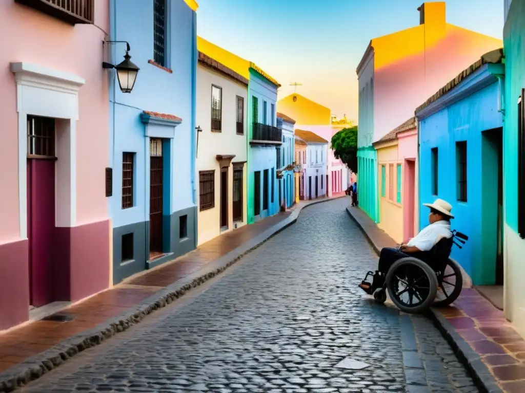 Grupo diverso descubriendo los encantos de Colonia del Sacramento, resaltando los museos y atracciones accesibles en Uruguay, bajo un cálido atardecer