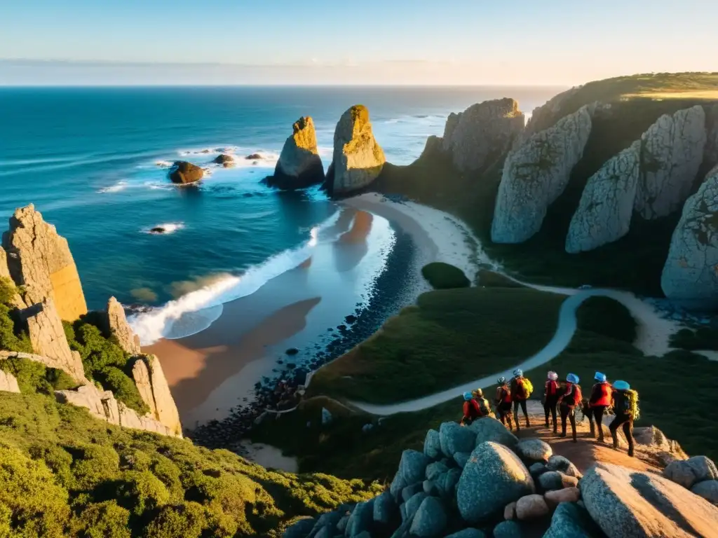 Grupo diverso de escaladores, en lugares para practicar escalada en Uruguay, ascendiendo un acantilado rocoso al amanecer