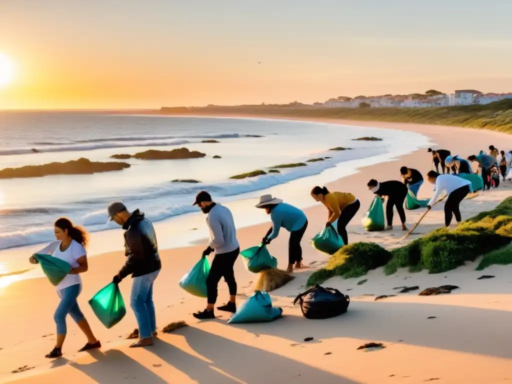 Grupo diverso promoviendo la igualdad de género en Uruguay, limpiando la playa al atardecer