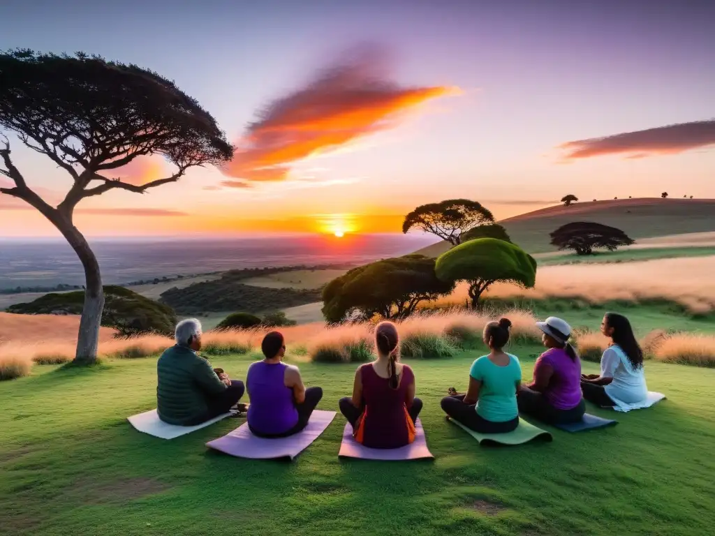 Grupo diverso en retiros espirituales en Uruguay, meditando al atardecer entre la belleza natural de suavemente ondulantes colinas verdes