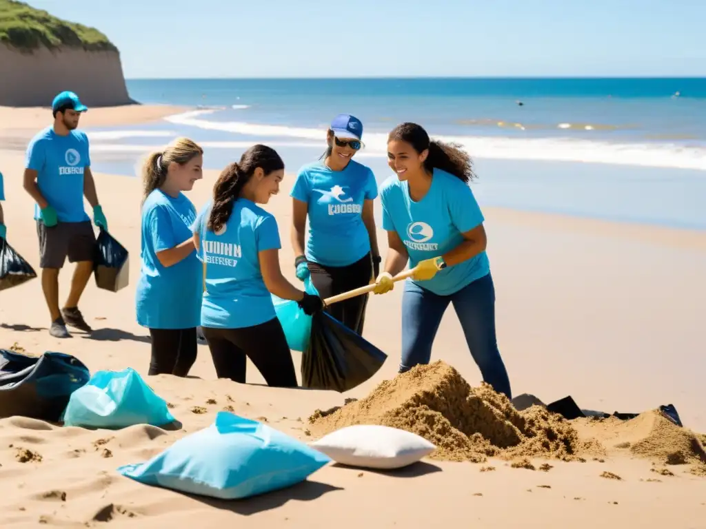 Grupo diverso de voluntarios, unidos en el turismo uruguayo, limpiando una playa soleada mientras las olas azules acarician la orilla arenosa